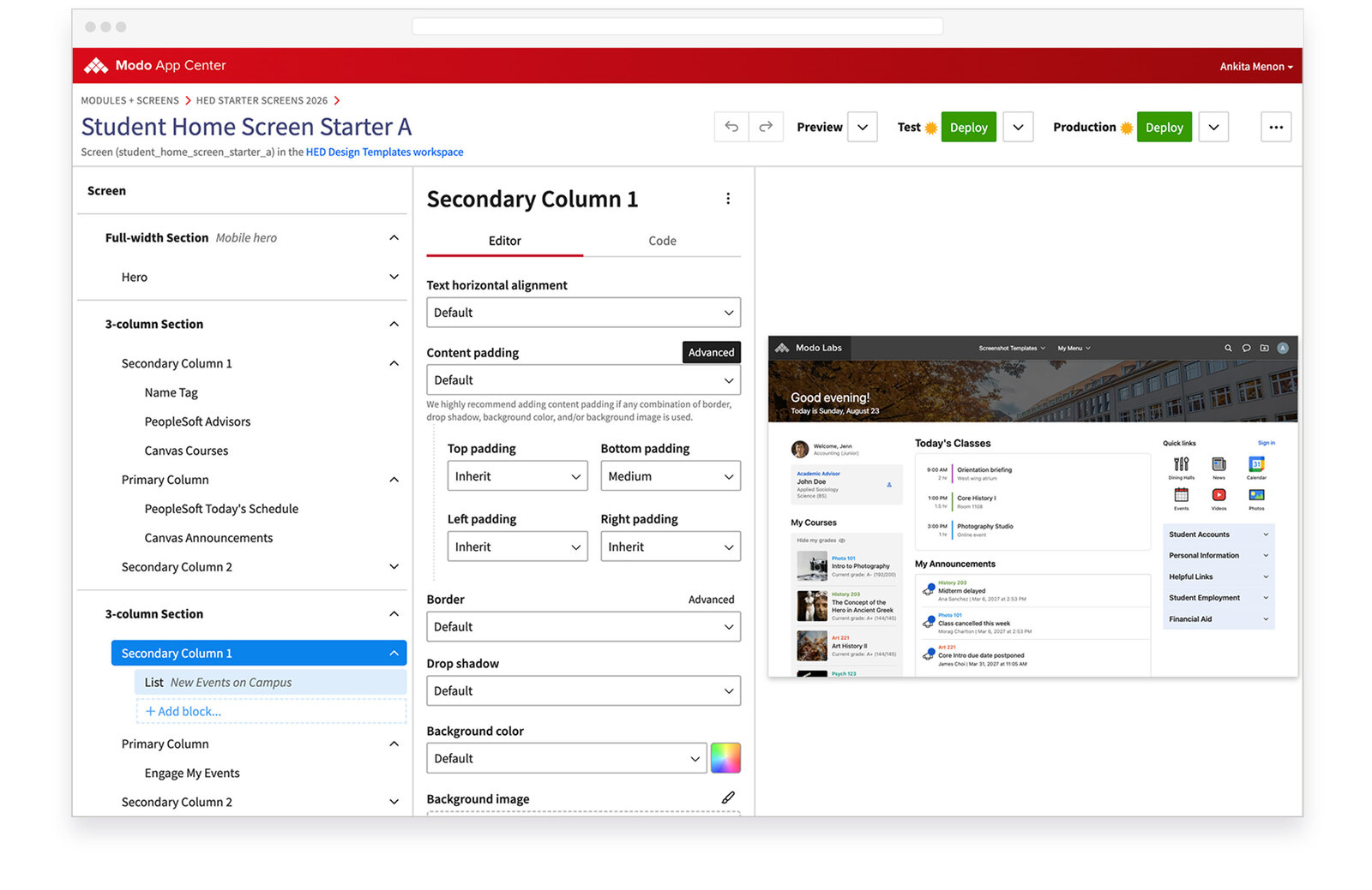 Screen Builder — App Center screen editor showing a student home screen template with a live preview panel