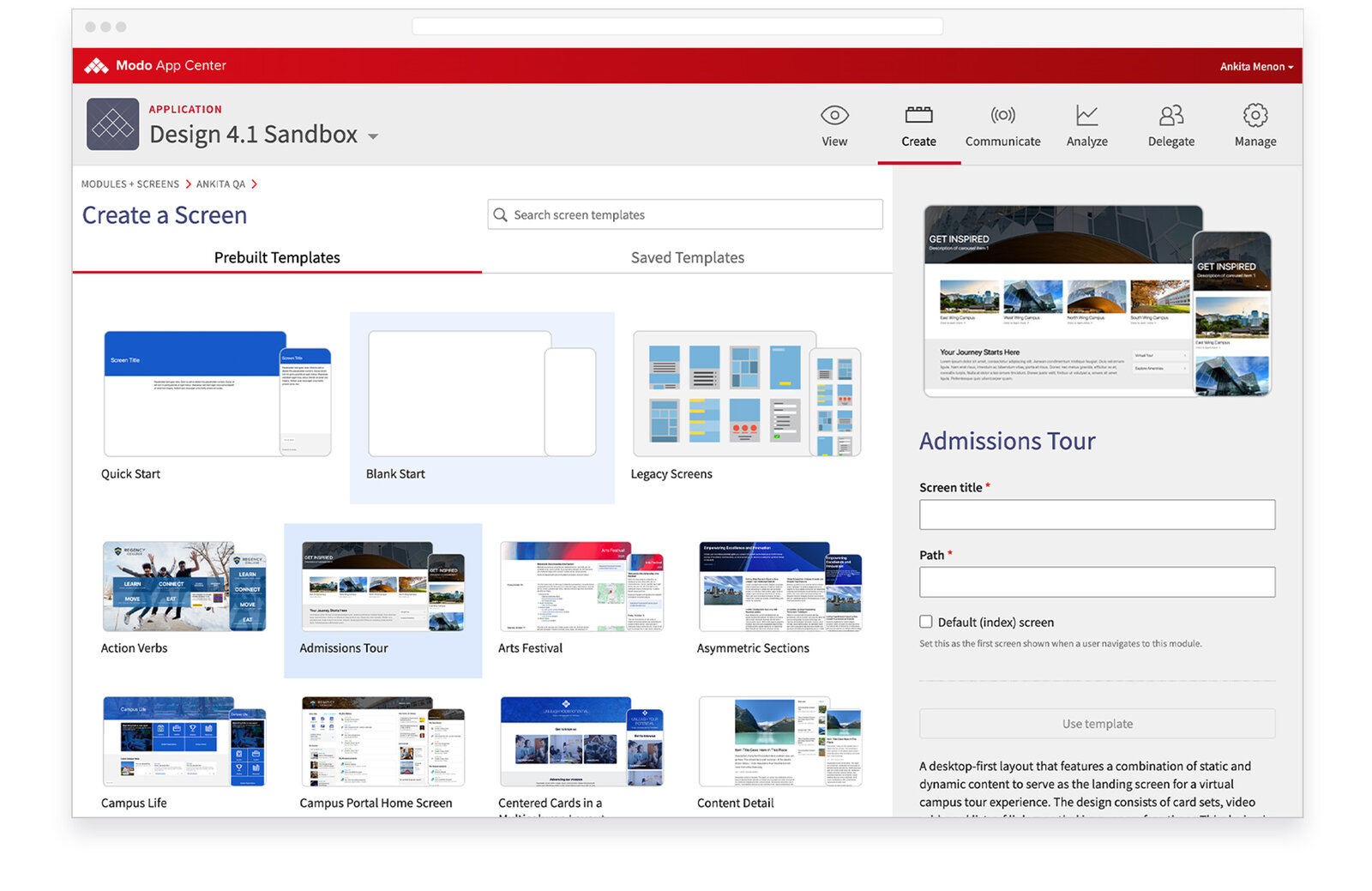 Create a Screen template picker with the Admissions Tour prebuilt template selected