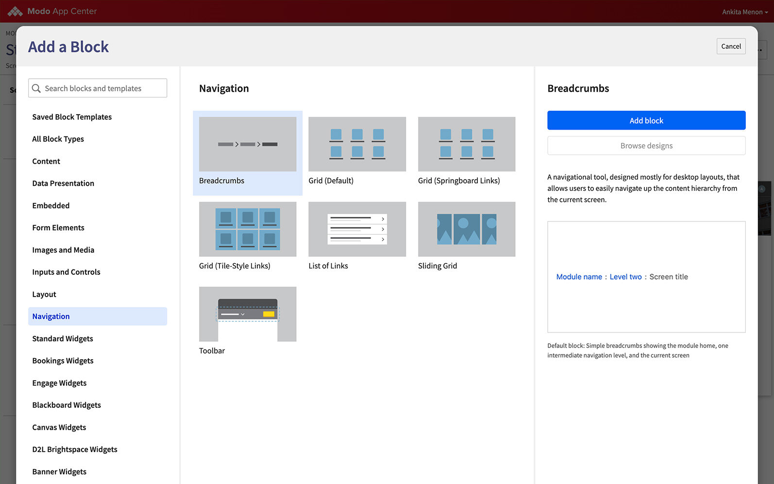 Add a Block modal open to the Navigation category, showing a Breadcrumbs block preview