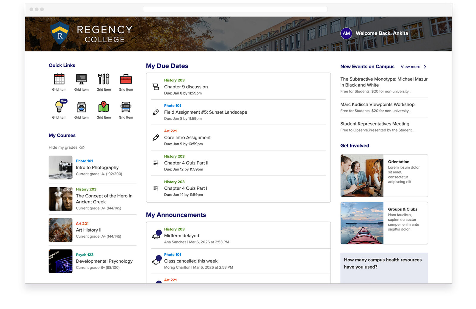 Rendered Regency College student portal home screen, showing due dates, announcements, and campus events
