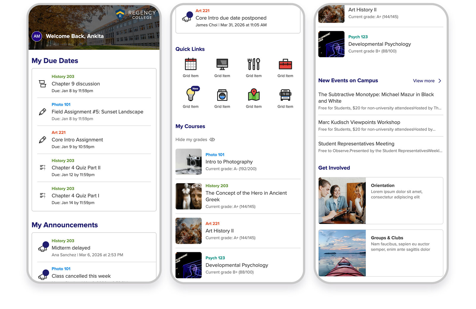 The same student portal home screen shown across three responsive mobile viewports