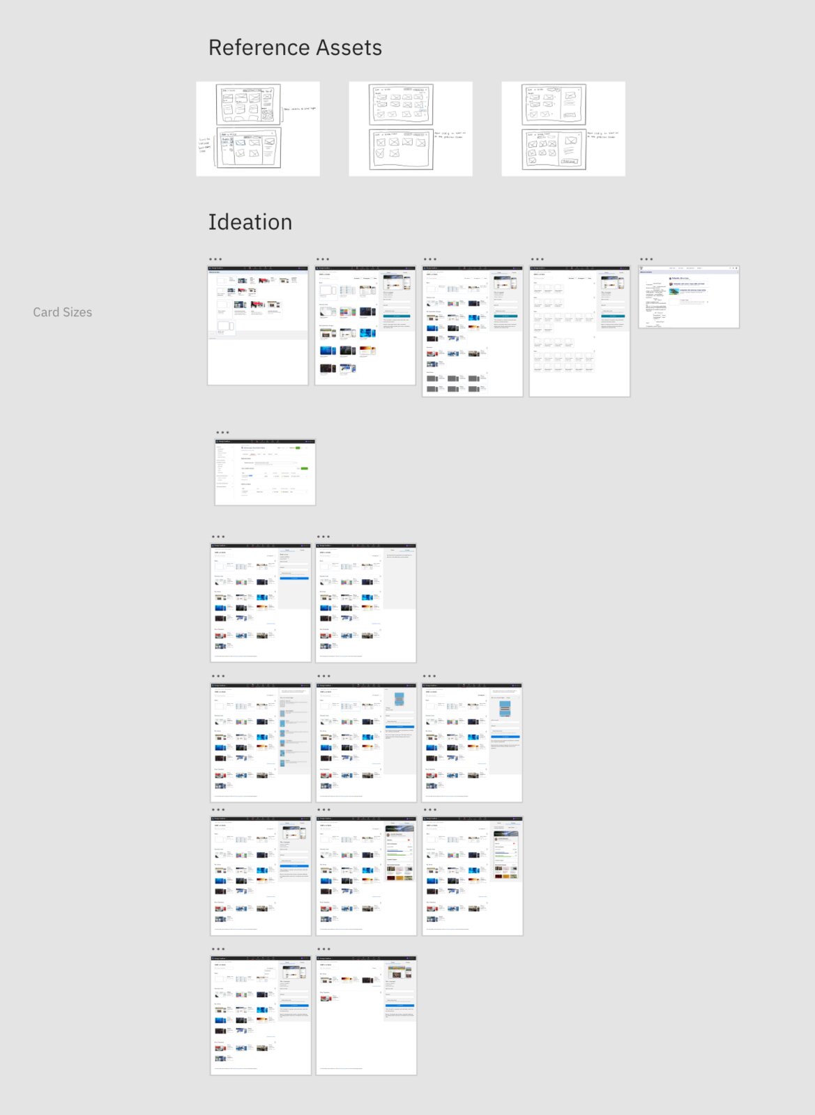 Design process board of hand-drawn wireframe references alongside early screen ideation iterations