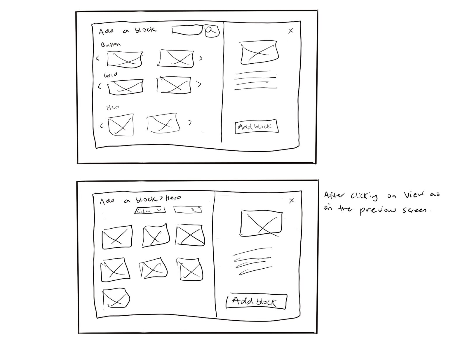 Hand-drawn wireframe sketches of the Add a Block modal, before and after expanding a widget category