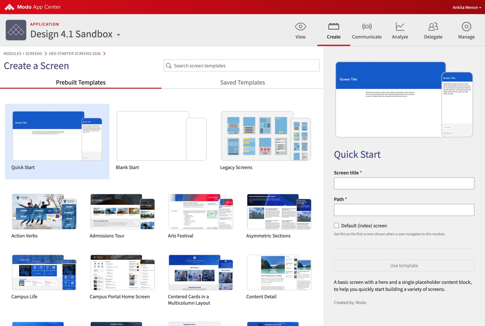 Create a Screen template picker with the Quick Start template selected