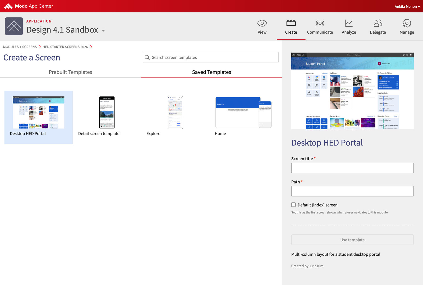 Create a Screen modal on the Saved Templates tab, showing institution-specific starter screens