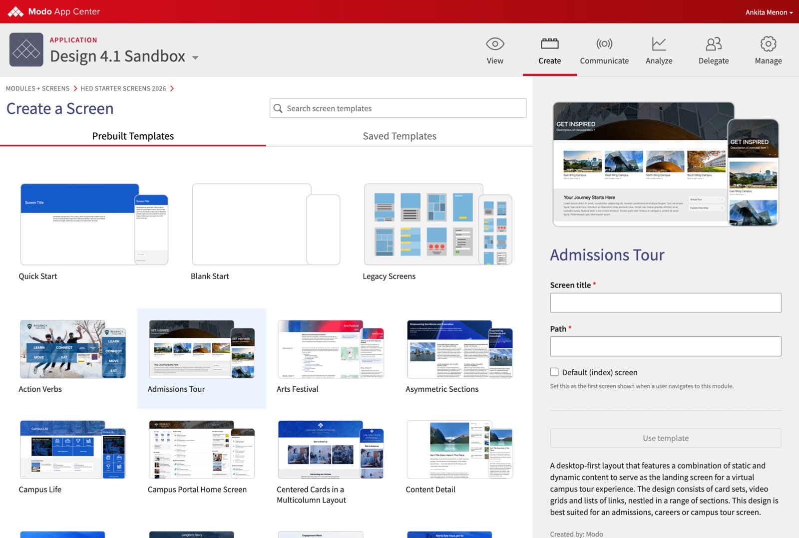 Create a Screen template picker with the Admissions Tour template's full description expanded