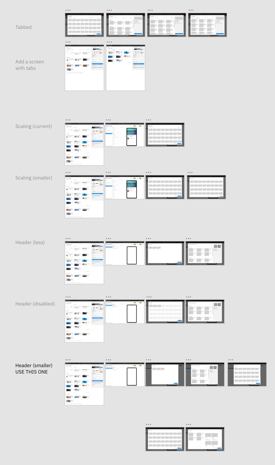 Design exploration board comparing header and scaling treatments, annotated with the option marked for use