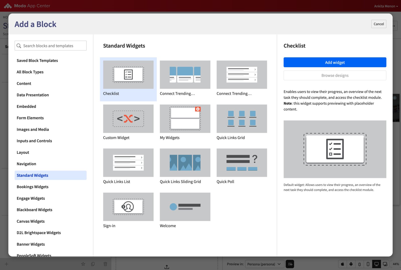 Add a Block modal open to Standard Widgets, previewing the Checklist widget