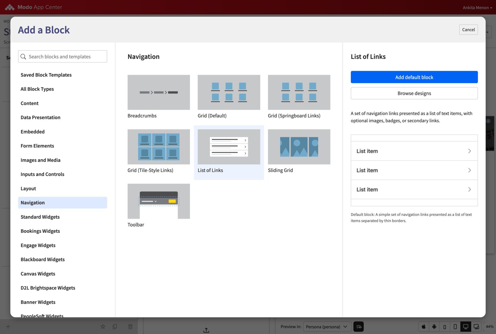 Add a Block modal open to Navigation, previewing the List of Links block