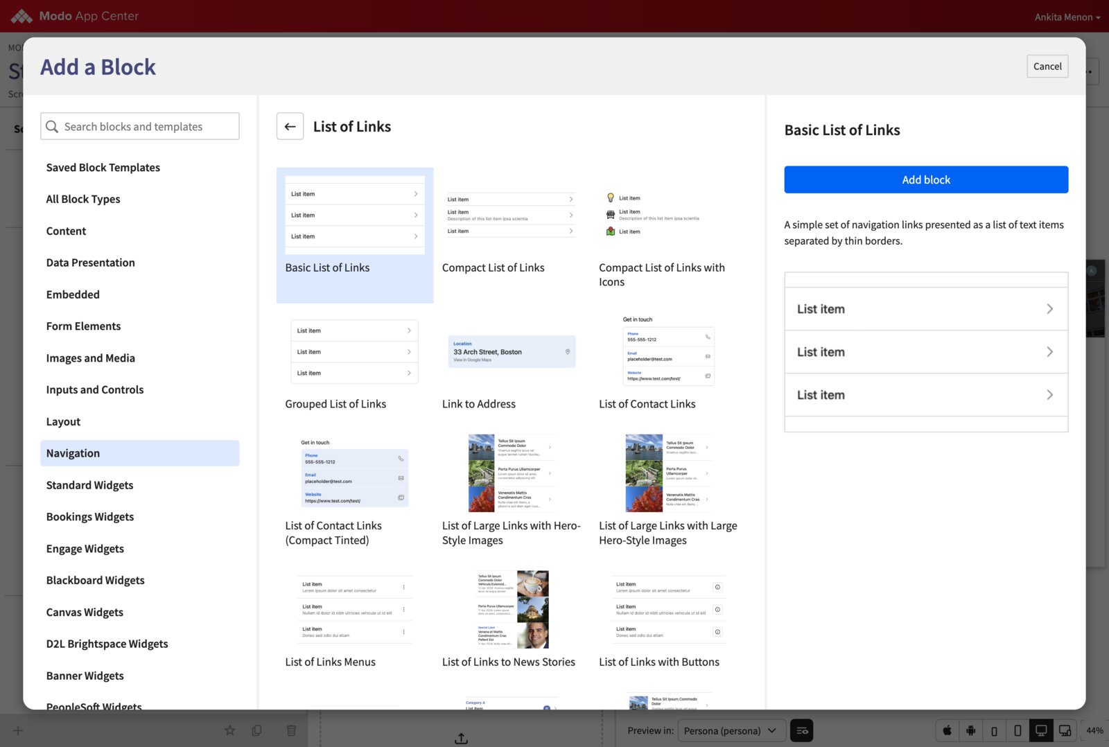 Add a Block modal showing the full set of List of Links design variations