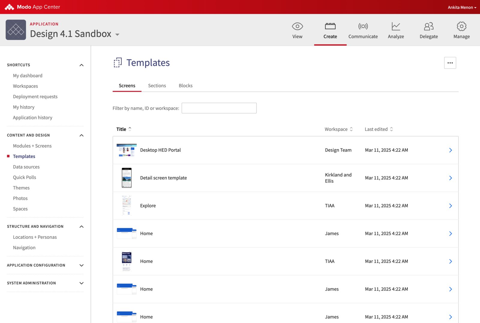 Templates admin page listing saved screen templates by title, workspace, and last edited date