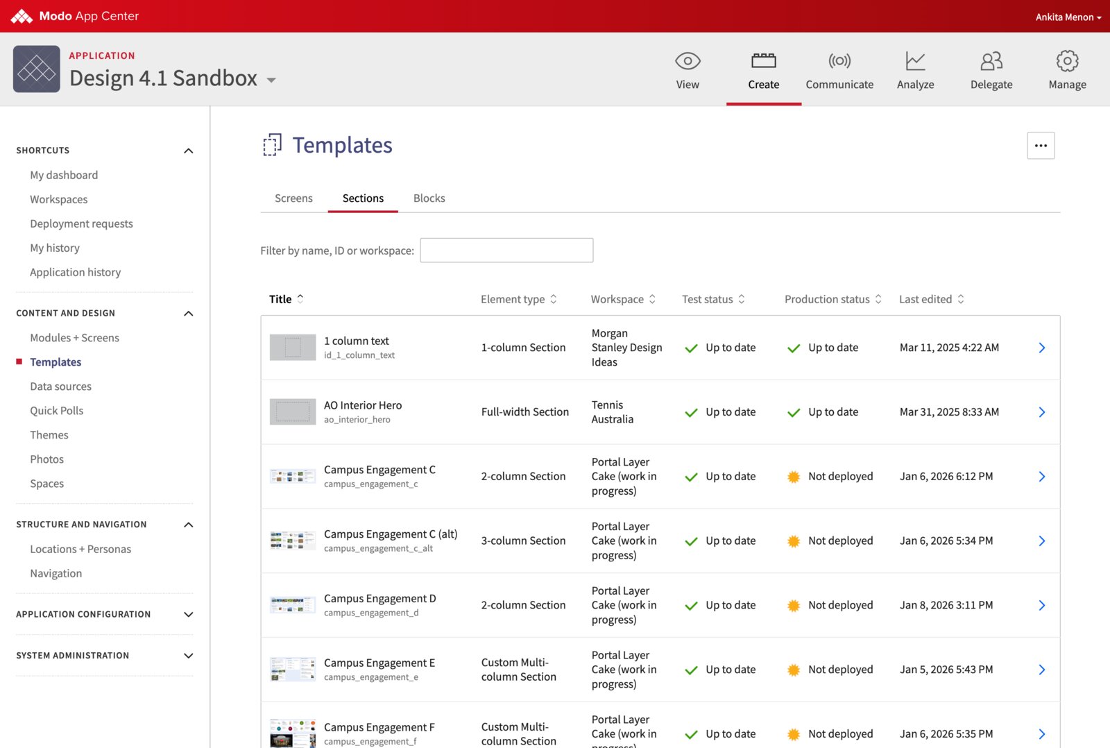 Templates admin page on the Sections tab, listing reusable section templates with test and production status