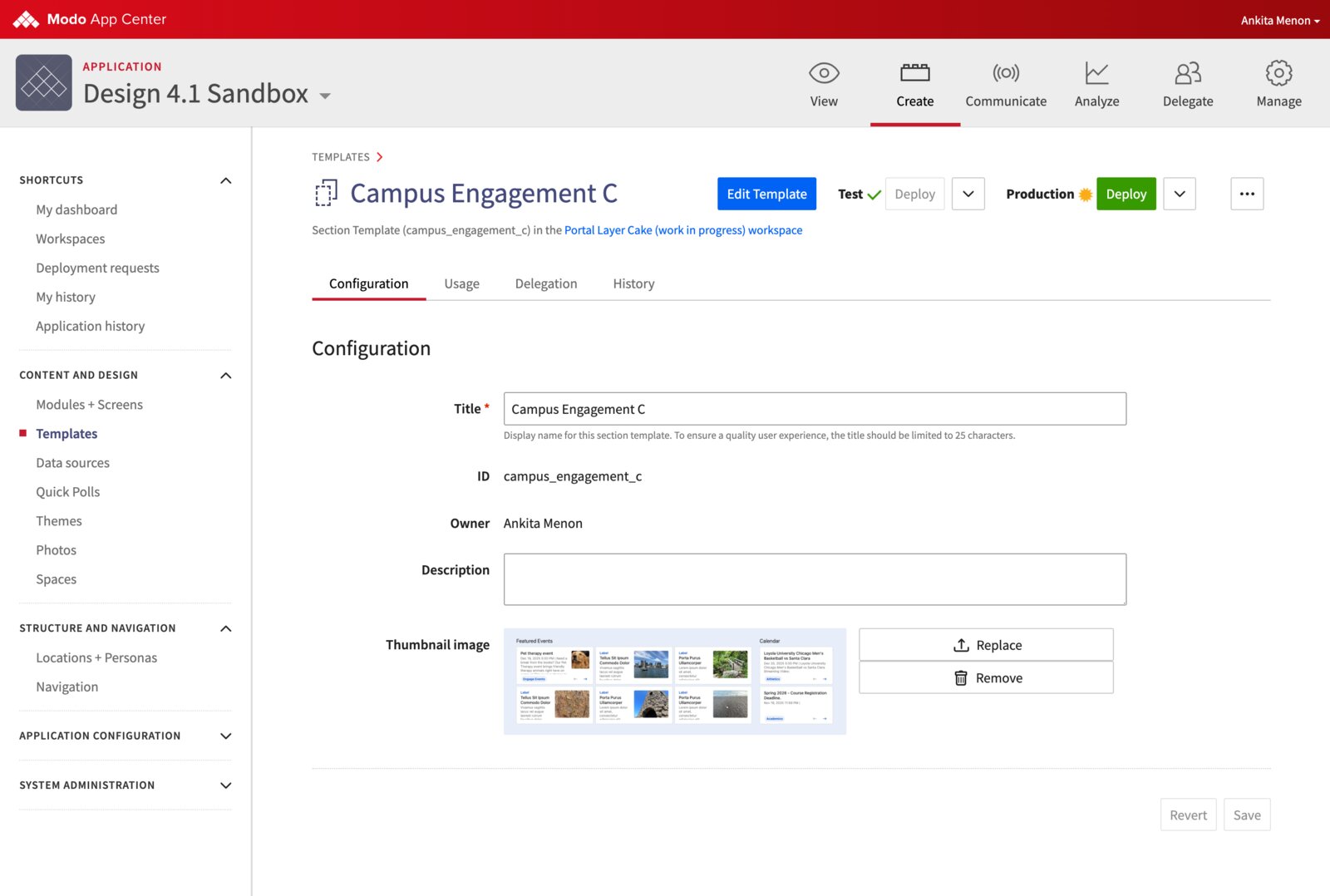 Configuration page for a saved section template, showing its title, ID, owner, and thumbnail