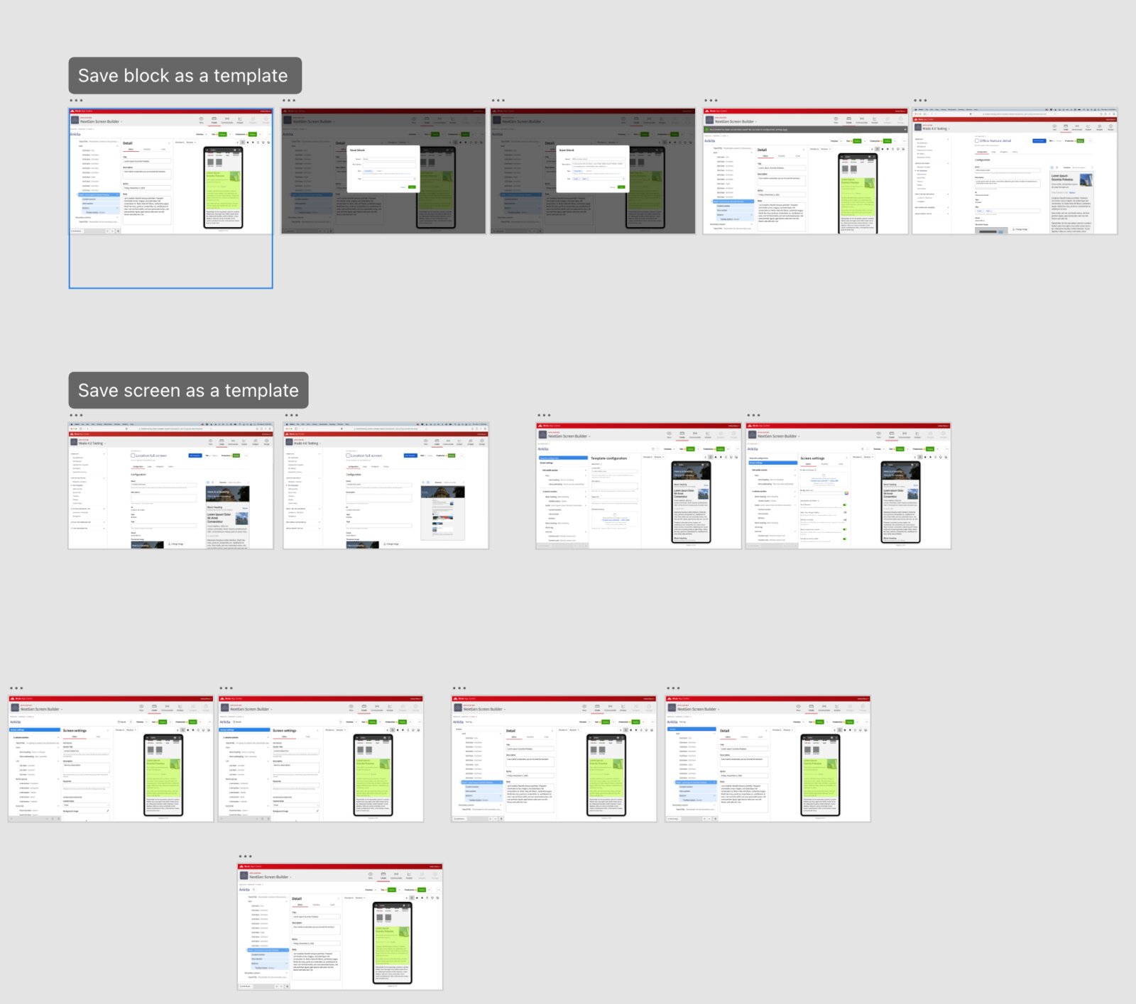 Step-by-step flow for saving a block or a screen as a reusable template