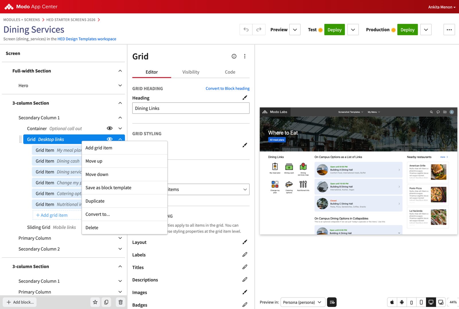Grid block context menu open to Save as block template, editing a Dining Services screen