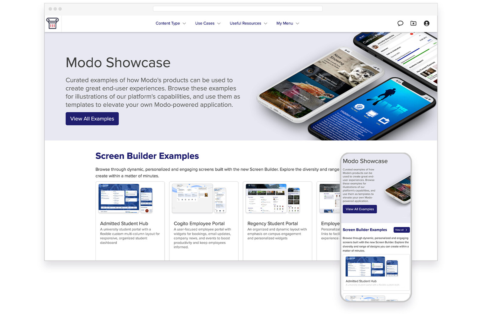 Showcase — customer examples gallery of featured university and campus portal templates