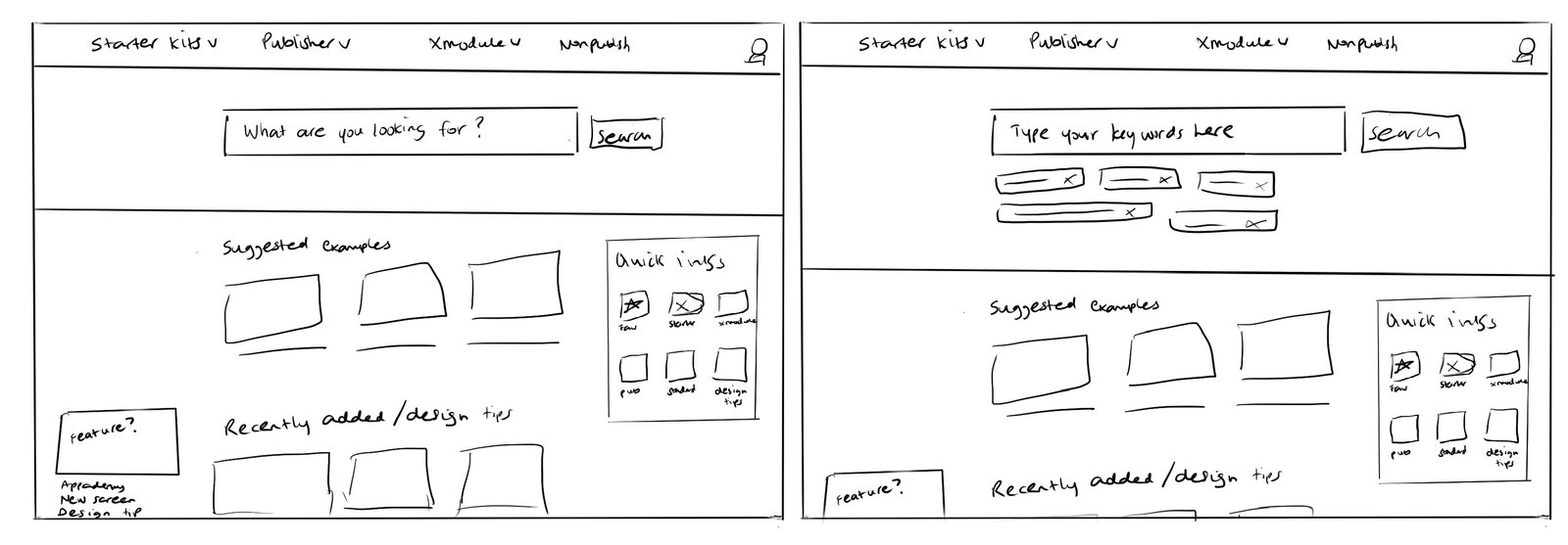 Wireframes for the Showcase search experience, including suggested examples and quick links