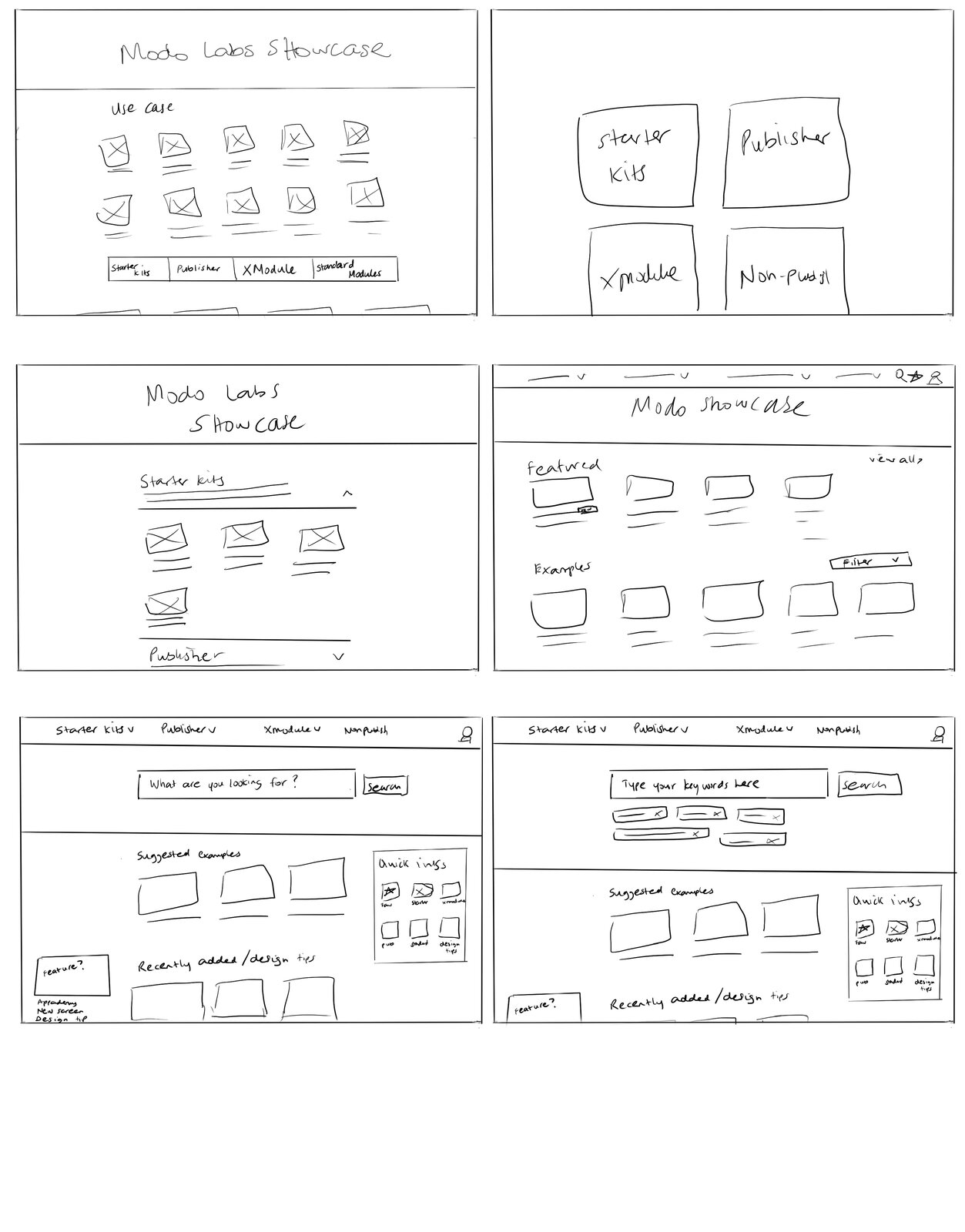 Early low-fidelity sketches for the Showcase landing page and navigation layout