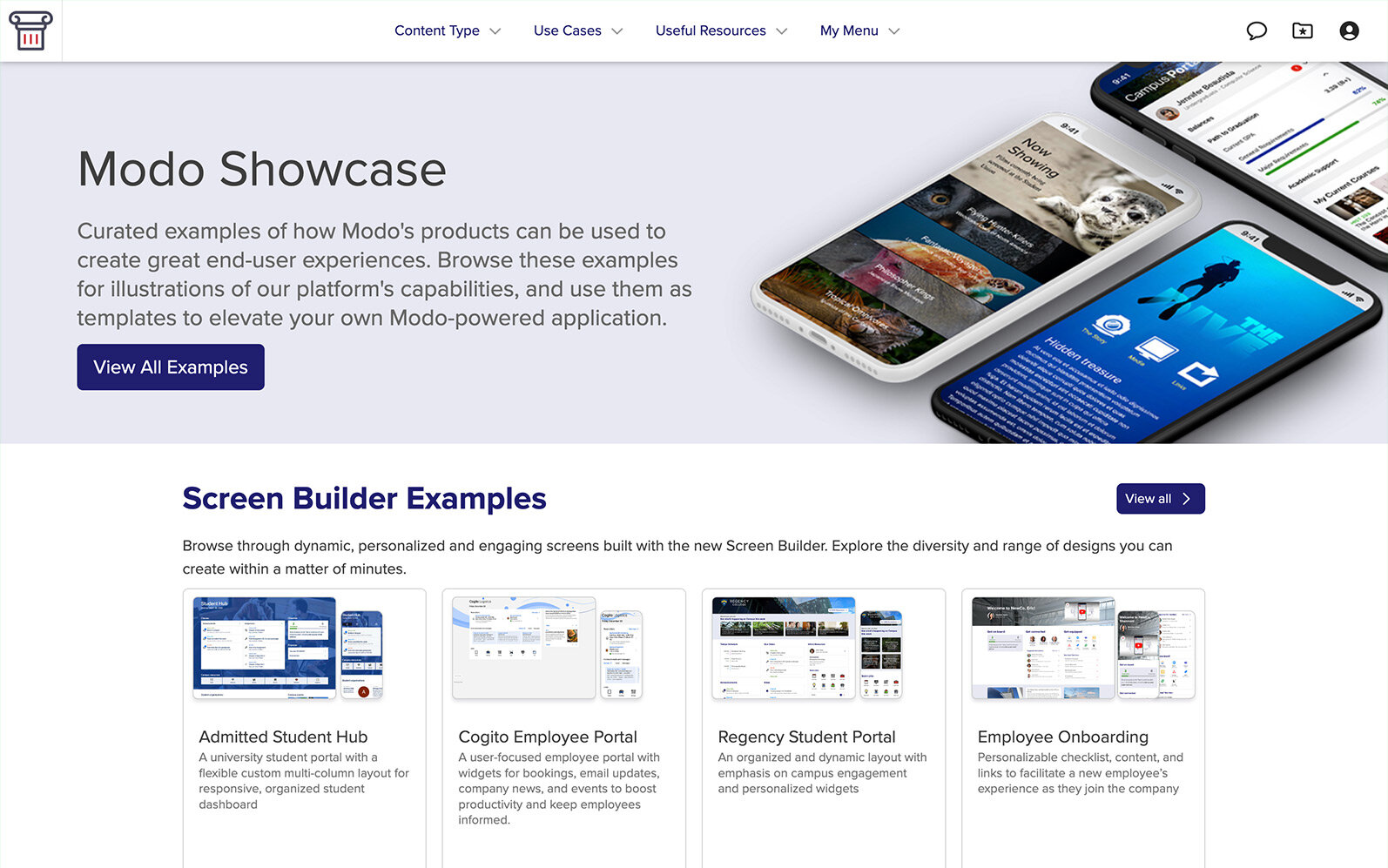 Modo Showcase landing page with featured examples and Screen Builder highlights