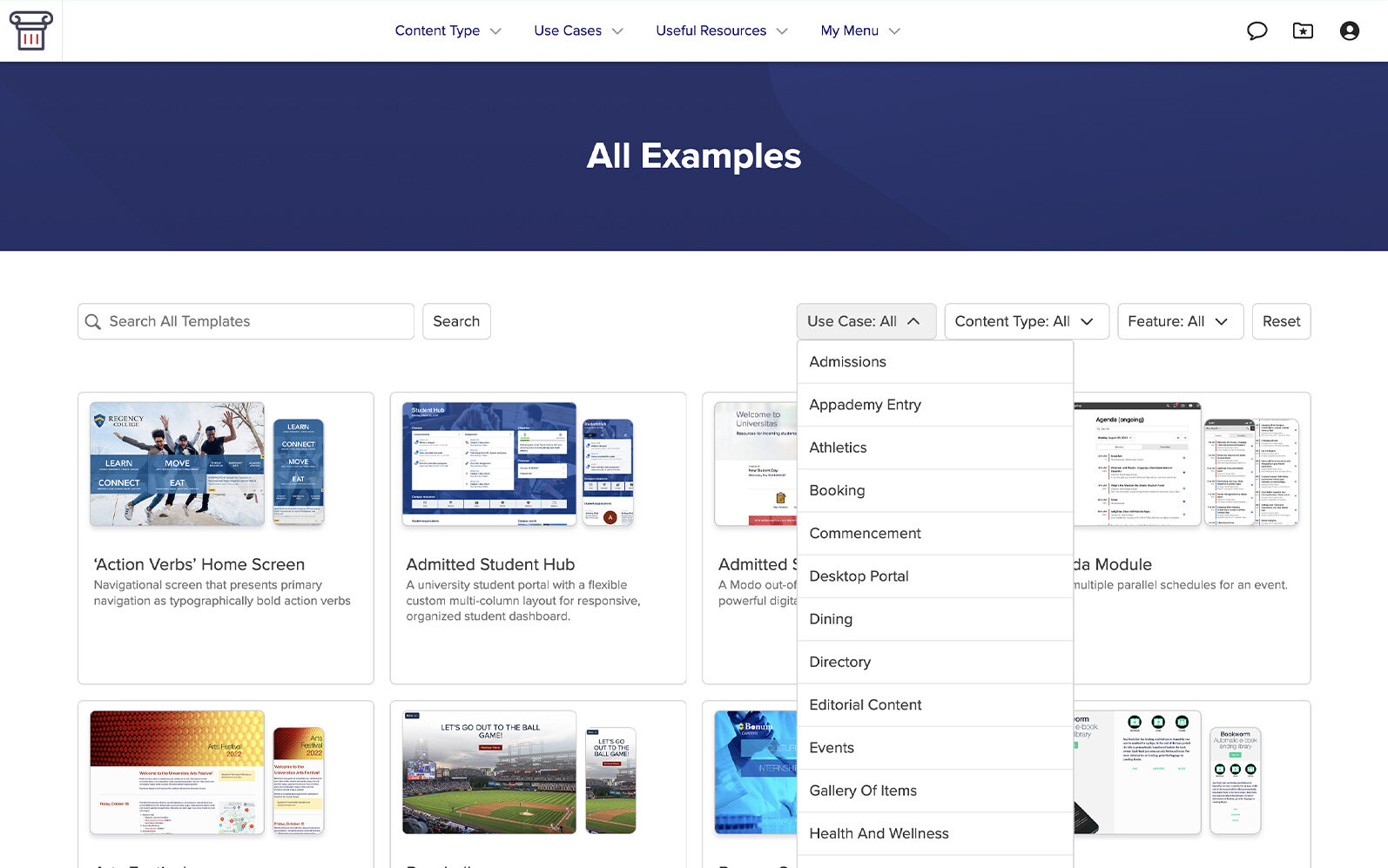 Screen Builder examples section, showing sample student and employee portal templates