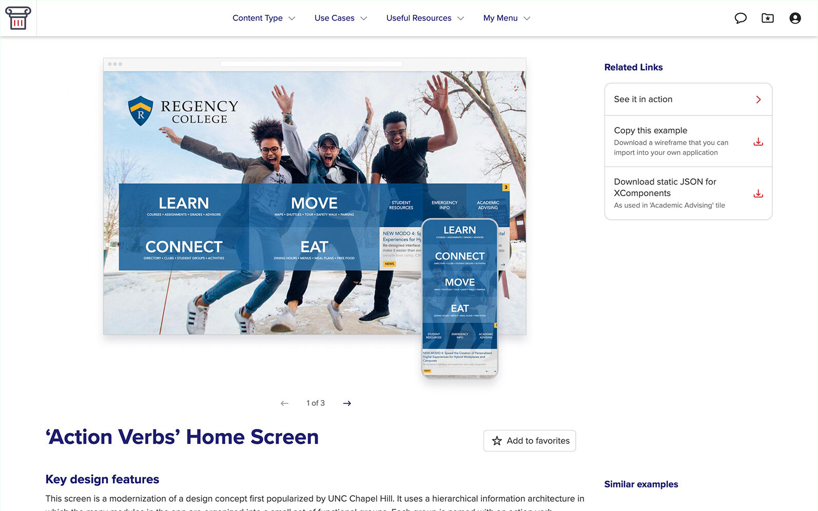 Detail page for an example screen, showing key design features and related links