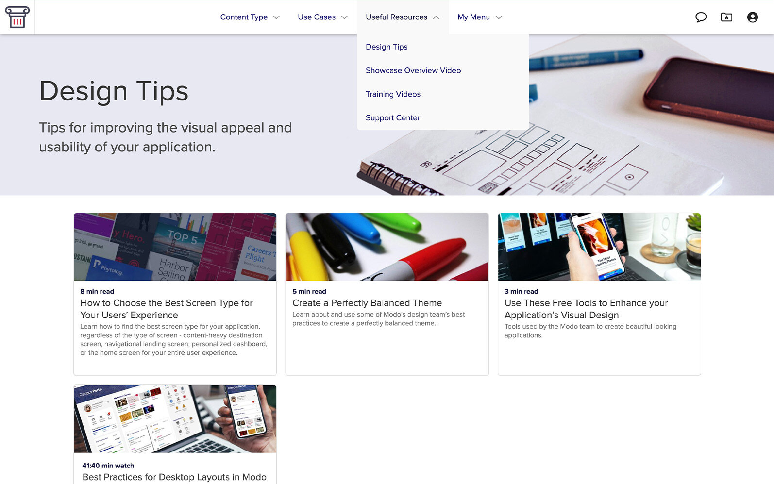 Modo Showcase landing page, featured examples grid