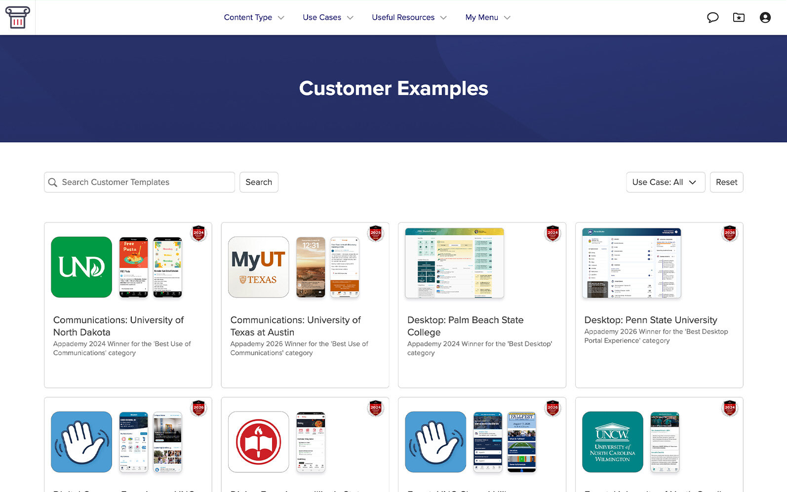 All Examples browse page with use case, content type, and feature filters