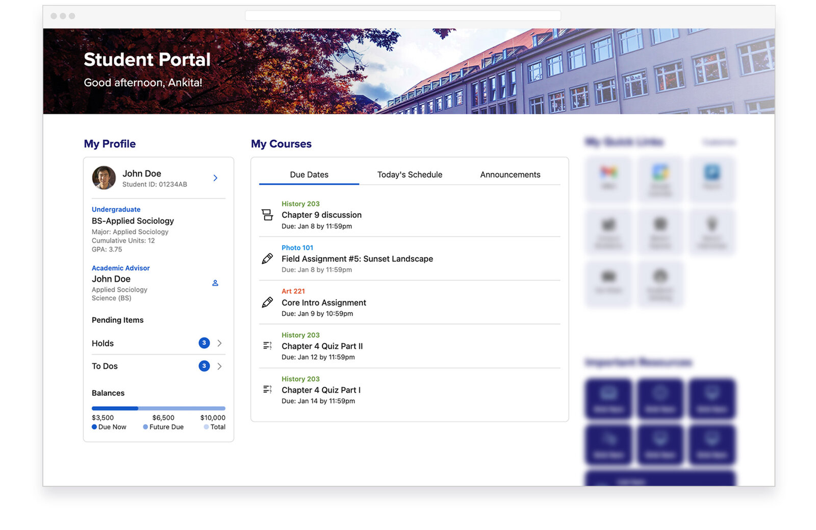 Student portal home screen with My Profile and My Courses widgets, showing academic standing, due dates, and account balance