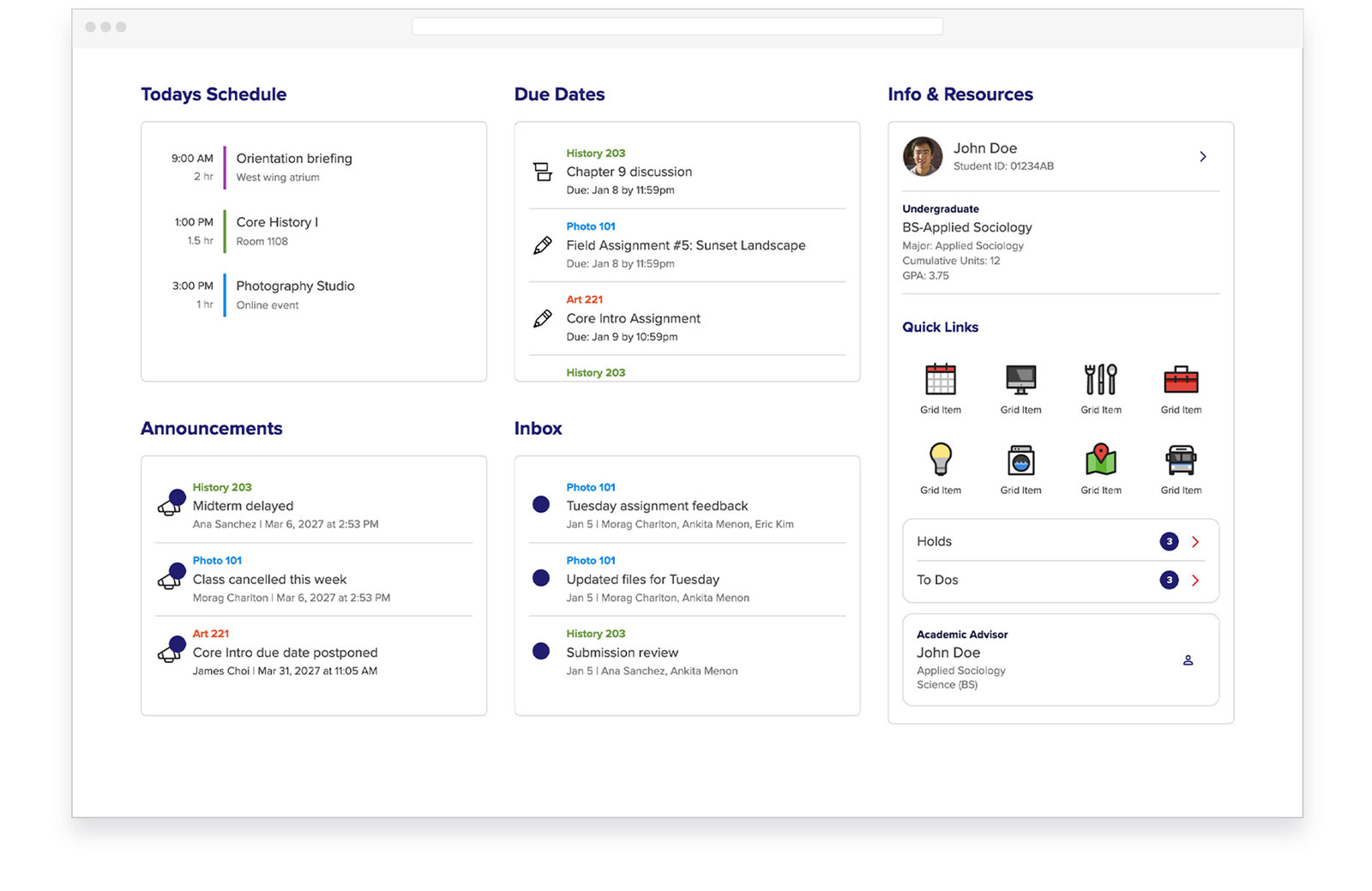 Five-column widget layout: Today's Schedule, Due Dates, Announcements, Inbox, and an Info & Resources profile card with quick links