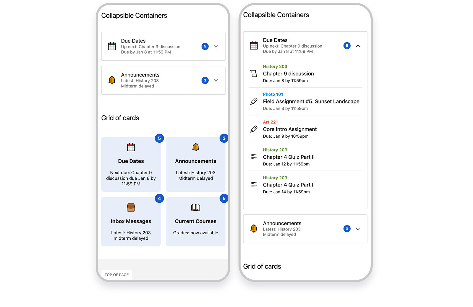 Mobile Collapsible Containers widget shown collapsed and expanded, alongside a Grid of Cards summary view of the same data