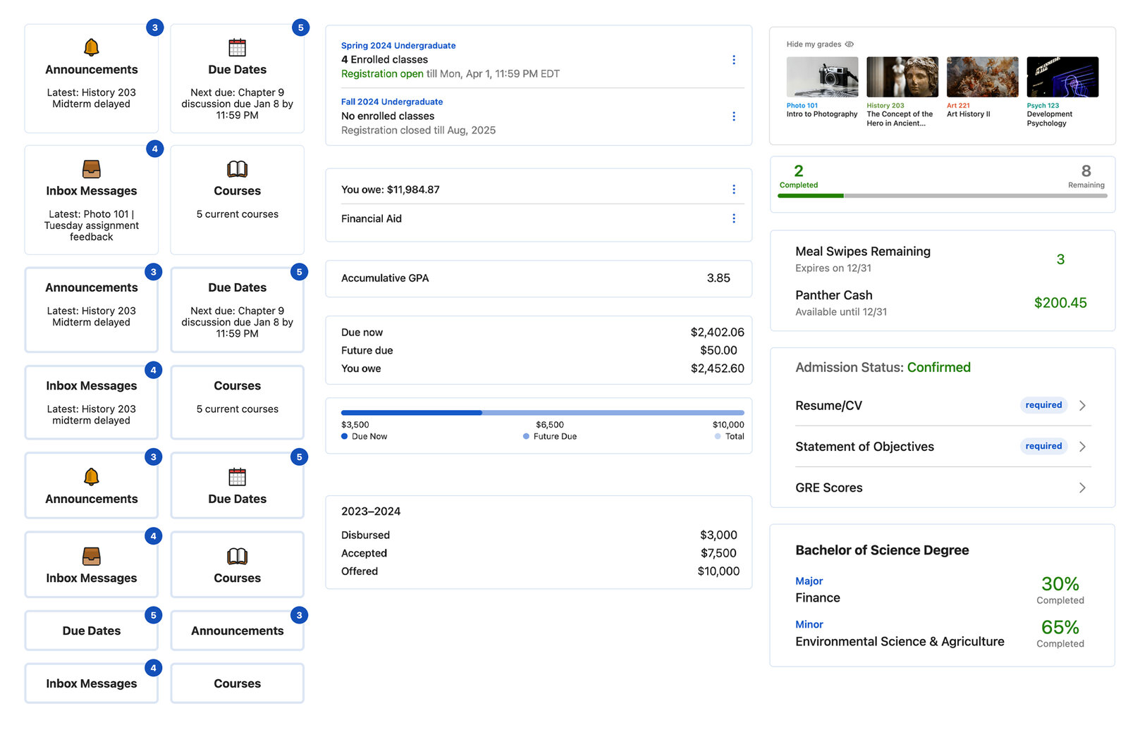Catalog of SIS widget variants: card grids, course registration and financial aid, GPA and balances, and grades with degree progress and admission checklist